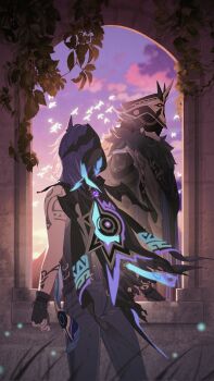 2boys animal_ears arched_window arm_tattoo bat_ears bat_wings black_coat black_gloves black_hair black_shirt black_wings blue_ribbon capitano_(genshin_impact) cloud coat coat_on_shoulders cowboy_shot facing_away fingerless_gloves flock fur-trimmed_coat fur_trim genshin_impact gloves gradient_sky grass grey_pants hashtag-only_commentary helm helmet highres hood hood_up long_hair looking_at_another male_focus medium_hair multiple_boys ororon_(genshin_impact) pants plant profile purple_hair ribbon sang_sha shirt shoulder_tattoo sky sleeveless sleeveless_shirt standing sunset tattoo vines vision_(genshin_impact) window wings