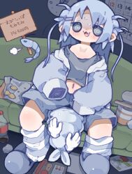 Rule 34 | 1girl, :3, @ @, absurdres, analog clock, between legs, black eyes, black shirt, blue hair, blush, calendar (object), chips (food), clock, commentary request, couch, cropped shirt, cup ramen, disembodied hand, dutch angle, fang, floating, food, grey jacket, grey shorts, hair ornament, hairclip, highres, holding, holding sign, indoors, jacket, long hair, long sleeves, looking at viewer, messy room, midriff, navel, nikamoka, off shoulder, on couch, open clothes, open jacket, open mouth, original, potato chips, puff of air, shirt, shorts, shrimp, shrimp girl, shrimp tail, sign, single slipper, sitting, sleeves past fingers, sleeves past wrists, slippers, socks, soda bottle, solo, spread legs, striped clothes, striped socks, sweat, tail, tail between legs, tail fondling, wall clock