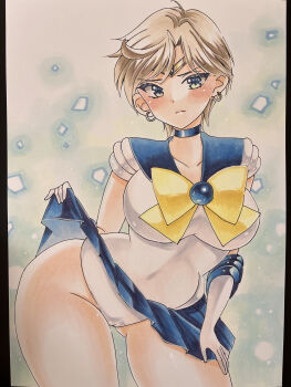 absurdres bishoujo_senshi_sailor_moon blonde_hair blue_choker blue_gemstone blue_sailor_collar blue_skirt blush bow bowtie breasts brooch choker clothes_lift collarbone earrings elbow_gloves gem gloves gluteal_fold gold_earrings highres hoop_earrings jewelry kae_(bluebluebluebelly) large_breasts leotard lifting_own_clothes looking_at_viewer pleated_skirt sailor_collar sailor_uranus short_hair skirt skirt_lift ten&#039;ou_haruka thick_thighs thighs traditional_media white_gloves white_leotard yellow_bow yellow_bowtie yellow_eyes