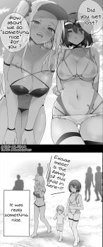 1boy 2girls artist_request beach bikini english_text highres multiple_girls sand shota source_request swimsuit talking twitter_username