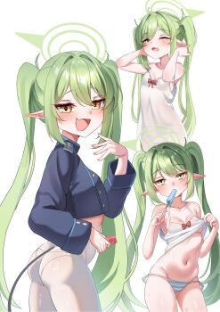 1girl :d absurdres ass bite_mark black_tail blue_archive blue_shirt blush bow breasts camisole chemise clothes_pull commentary condom crop_top cropped_shirt demon_tail fang fellatio food green_hair green_halo hair_intakes halo hand_up hands_up hickey highres holding holding_condom holding_food holding_popsicle lifting_own_clothes littleloli loli long_hair long_sleeves looking_at_viewer lowleg lowleg_panties melting_popsicle multiple_views navel no_bra nozomi_(blue_archive) one_eye_closed open_mouth oral panties panties_under_pantyhose pantyhose pointy_ears popsicle pulling_own_clothes red_bow shirt shirt_pull side-tie_panties simple_background simulated_fellatio skin_fang small_breasts smile sparkle stomach strap_slip striped_clothes striped_panties tail twintails underboob underwear very_long_hair white_background white_camisole white_chemise white_panties white_pantyhose