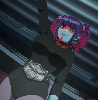1girl anime_screenshot arm_up ascot belt black_leotard breasts character_request closed_mouth cowboy_shot dutch_angle female_focus green_eyes hair_bobbles hair_ornament highres kamen_rider large_breasts leotard lipstick long_sleeves makeup multicolored_hair purple_hair red_ascot red_lips shocker_(kamen_rider) short_hair solo stitched third-party_edit toujima_tanzaburou_wa_kamen_rider_ni_naritai twintails two-tone_hair