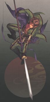 Rule 34 | 1boy, armor, black gloves, boots, brown eyes, brown hair, commentary request, dynamic pose, film grain, gloves, green jacket, green pants, holding, holding polearm, holding weapon, ichino (1no), jacket, japanese armor, kote, long sleeves, looking to the side, male focus, otegine, pants, polearm, short hair, shoulder armor, sode, solo, touken ranbu, weapon