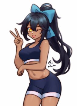 1girl artist_name black_bra black_hair black_shorts bow bra commission dark-skinned_female dark_skin hair_bow ko-fi_commission midriff one_eye_closed original ponytail rotomdocs shorts solo sports_bra sportswear tongue tongue_out underwear v workout_clothes yellow_eyes