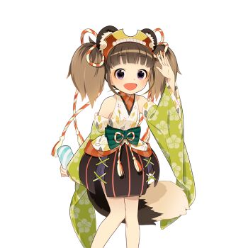 1girl animal_ears bare_shoulders black_eyes brown_hair commentary_request detached_sleeves fake_animal_ears japanese_clothes raccoon_ears raccoon_girl raccoon_tail short_hair tail tanuko twintails uchako uchi_no_hime-sama_ga_ichiban_kawaii