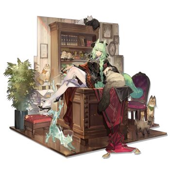 1girl :q animal_ears arknights black_cat black_hat book bookshelf braid cameo cat cat_ears cat_girl cat_tail character_doll crossed_legs doll full_body green_eyes green_hair green_tail harmonie_(arknights) harmonie_(invitation)_(arknights) hat highres holding holding_wand indoors long_hair looking_at_viewer multiple_cats necktie necrass_(arknights) official_alternate_costume official_alternate_hairstyle official_art pantyhose plaid_clothes plaid_skirt red_skirt reed_(arknights) simple_background skirt solo starshadowmagician tail third-party_source tongue tongue_out too_many too_many_cats transparent_background very_long_hair wand white_cat white_pantyhose