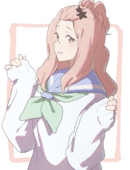 Rule 34 | 1girl, bangs pinned back, brown hair, commentary request, fluffy hair, freckles, hair ornament, hashtag-only commentary, hibike! euphonium, highres, kenzaki ririka, long hair, long sleeves, looking at viewer, matarasu (aaaaaaaaj), school uniform, sleeves past wrists, smile, star (symbol), star hair ornament, white background, yellow eyes