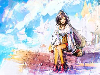 1girl atelier_saya bird black_choker bodysuit boots breasts brick_wall brown_eyes brown_hair castle choker closed_mouth final_fantasy final_fantasy_ix full_body garnet_til_alexandros_xvii gloves hair_ornament hairclip highres light_smile long_hair long_sleeves low-tied_long_hair medium_breasts orange_bodysuit puffy_long_sleeves puffy_sleeves red_boots red_gloves shirt signature sitting sketch solo thigh_strap white_bird white_shirt