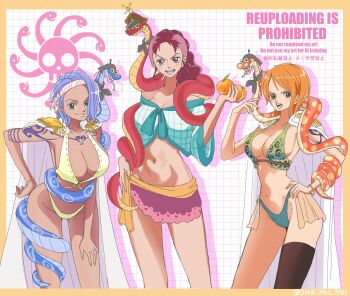 3girls arm_tattoo bellemere blue_hair blush breasts cape chest_tattoo cigarette cleavage commentary epaulettes family food fruit hand_on_own_hip highres holding holding_food holding_fruit kuja_pirates_jolly_roger mother_and_daughter multiple_girls nami_(one_piece) nojiko_(one_piece) one_piece orange_hair plywood50482688 ponytail red_hair short_hair single_thighhigh skirt smile snake symbol-only_commentary tattoo thighhighs v-shaped_eyebrows white_cape