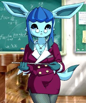 1girl animal animal_ears black_sclera blue_eyes blue_fur blue_hair blush breasts bulletin_board cat cat_ears cat_girl cat_tail chalkboard classroom cleavage collarbone colored_sclera desk eraser furry g-sun gen_4_pokemon glaceon glasses grey_pantyhose holding holding_pointer jacket jewelry large_breasts long_sleeves looking_at_viewer math necklace nintendo pantyhose parted_lips pencil_skirt pointer pokemon pokemon_(creature) purple_jacket purple_skirt school short_hair sidelocks skirt snowflake_necklace standing tail teacher teeth