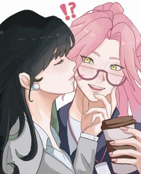 !? 2girls alien_stage alternate_costume black_hair black_jacket borrowed_design closed_eyes coffee commentary cup earrings english_commentary glasses grey_jacket highres holding holding_cup jacket jewelry lanyard lipstick_mark lipstick_mark_on_face mizi_(alien_stage) multiple_girls pannpanboo pearl_earrings pink_hair ponytail semi-rimless_eyewear sphere_earrings sua_(alien_stage) yellow_eyes yuri