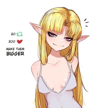 1girl bare_shoulders blonde_hair breasts covered_erect_nipples elf english_text eranahh highres long_hair medium_breasts nightgown nintendo parted_bangs pointy_ears princess_zelda red_eyes simple_background smile solo the_legend_of_zelda upper_body white_background