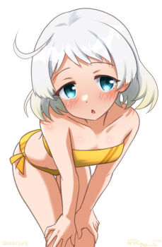 1girl ahoge bikini blue_eyes breasts commentary_request feet_out_of_frame hands_on_own_knees kantai_collection leaning_forward natsugumo_(kancolle) one-hour_drawing_challenge ray.s short_hair side-tie_bikini_bottom simple_background small_breasts solo strapless strapless_bikini swimsuit white_background white_hair yellow_bikini