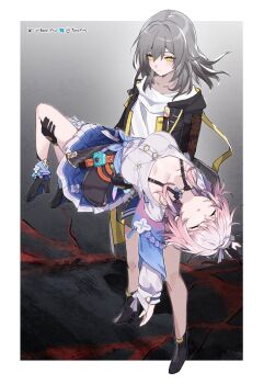 2girls bra_strap breasts carrying choker closed_eyes commentary_request full_body gloves grey_hair highres honkai:_star_rail honkai_(series) jacket long_hair march_7th_(honkai:_star_rail) march_7th_(preservation)_(honkai:_star_rail) medium_hair multiple_girls off_shoulder overskirt pink_hair platform_heels princess_carry ribbon shirt skirt stelle_(honkai:_star_rail) tare_(tonikaku_magaru) trailblazer_(honkai:_star_rail) yellow_eyes yuri