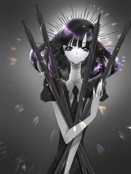 1other androgynous bare_arms black_eyes black_hair black_nails black_necktie black_theme bob_cut collared_shirt commentary easty english_commentary gem_uniform_(houseki_no_kuni) grey_background highres houseki_no_kuni lens_flare looking_at_viewer medium_hair multiple_swords nail_polish necktie obsidian_(houseki_no_kuni) other_focus shirt smile sparkle sword weapon white_shirt