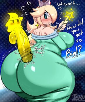 1girl 1other absurdres academic_test ass blonde_hair blue_eyes breasts crown earrings english_text highres huge_ass huge_breasts huge_penis huge_testicles inuzu jewelry long_hair looking_back luma_(mario) mario_(series) nintendo penis piercing rosalina star_(sky) super_mario_galaxy surprised sweat testicles veins veiny_penis