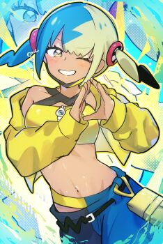 1girl bandeau black_pants blonde_hair blue_hair blush breasts canari_(pokemon) collarbone commentary_request hair_between_eyes hair_ornament highres jacket long_hair long_sleeves looking_at_viewer mask medium_breasts mega_stone mouth_mask n_xo_q navel nintendo one_eye_closed pants parted_lips pink_eyes pokemon pokemon_legends:_z-a simple_background stomach twintails yellow_bandeau yellow_jacket yellow_nails