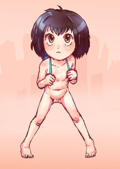 1girl abestsui absurdres backpack bag barefoot black_hair highres loli marvel nipples nude peni_parker pussy short_hair solo spider-man:_into_the_spider-verse spider-man_(series) spider-verse