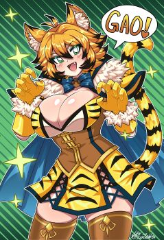 1girl :d absurdres animal_ear_fluff animal_ears animal_print artist_name blonde_hair blue_bow blue_bowtie blush bow bowtie breasts brown_thighhighs claw_pose cleavage commentary cowboy_shot double-parted_bangs dress english_commentary fang fur-trimmed_gloves fur_trim gao gloves green_background green_eyes hair_between_eyes hands_up highres kaibuzetta large_breasts looking_at_viewer open_mouth original short_hair signature skindentation smile solo sparkle speech_bubble tail thighhighs tiger_ears tiger_girl tiger_print tiger_tail yellow_dress yellow_gloves