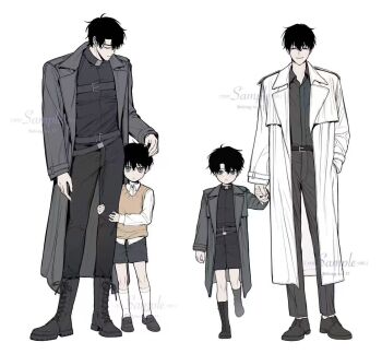 4boys aged_down black_coat black_hair black_shorts boots coat collared_shirt dual_persona full_body hand_in_pocket height_difference holding_hands hugging_another&#039;s_leg kim_dokja long_sleeves male_focus multiple_boys oldest_dream omniscient_reader&#039;s_viewpoint open_clothes open_coat popped_collar shirt short_hair shorts stella_37 vest walking white_coat yellow_vest yoo_joonghyuk