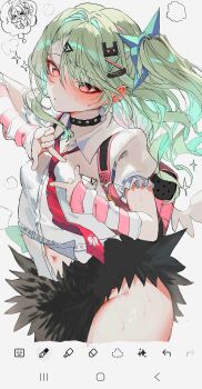 1girl art_program_in_frame bandaid bandaid_hair_ornament black_skirt blush breasts chinatsu_remiel collar commentary_request cowboy_shot fur-trimmed_skirt fur_trim green_hair hair_intakes hair_ornament highres long_hair multiple_hair_clips navel necktie open_mouth pink_arm_warmers pink_bag ponytail red_eyes red_necktie shirt simple_background skirt small_breasts solo sparkle speech_bubble striped_arm_warmers sweat thought_bubble tonari_no_oji-san white_background white_shirt winged_bag zenless_zone_zero