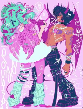 1boy 1girl absurdres angel_and_devil arm_tattoo bandaid bandaid_on_wing belt black_belt black_boots black_collar black_hair black_pants blue_hair boots bow chain chest_tattoo collar commentary_request dark-skinned_male dark_skin demon_horns demon_tail demon_wings dress drill_hair feathered_wings full_body hair_bow hair_over_one_eye hair_ribbon highres horns idol_land_pripara katasumi_amari leg_warmers long_hair looking_at_another mario_(pripara) pants pantyhose pink_background pink_bow pink_pantyhose pink_wings pretty_series pripara purple_horns purple_wings red_eyes ribbon shino_bunnys short_hair smile standing tail tattoo topless_male twin_drills twintails white_dress wings