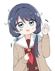 Rule 34 | 1girl, blue eyes, blue hair, blush, brown cardigan, brown dress, cardigan, clenched hand, commentary request, dress, hand up, hasu no sora school uniform, highres, link! like! love live!, long hair, long sleeves, looking at viewer, love live!, miyamaki, mole, mole on neck, murano sayaka, neckerchief, open mouth, raised eyebrow, red neckerchief, sailor collar, school uniform, solo, sweat, trembling, twintails, upper body, virtual youtuber, white background, white sailor collar, winter uniform