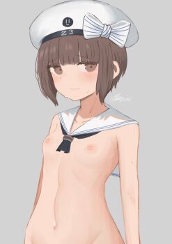 1girl black_neckerchief blunt_bangs blush bow breasts brown_eyes brown_hair closed_mouth clothes_writing grey_background hat hat_bow highres kantai_collection looking_at_viewer nao_salad neckerchief nipples nude out-of-frame_censoring sailor_collar sailor_hat short_hair simple_background small_breasts solo sweat upper_body white_sailor_collar z3_max_schultz_(kancolle)