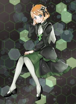 1girl black_dress black_shoes commentary_request dress full_body grey_eyes highres honeycomb_(pattern) honeycomb_background invisible_chair long_sleeves looking_at_viewer nintendo official_alternate_costume omo_(hocomoch) pokemon pokemon_masters_ex serena_(pokemon) serena_(sygna_suit)_(pokemon) shoes short_hair signature sitting