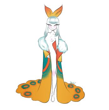 1girl artist_name blush breasts fur_collar godzilla:_king_of_the_monsters godzilla_(series) highres humanization japanese_clothes kaiju kimono legendary_pictures long_hair monarch_(monsterverse) monsterverse mothra nipples pechi personification silver_hair solo toho