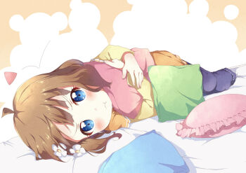 1girl :t ahoge bed_sheet blue_eyes blue_pants blush brown_hair closed_mouth commentary_request dress flower frilled_pillow frills hair_flower hair_ornament hugging_object idolmaster idolmaster_million_live! long_sleeves looking_at_viewer lying medium_hair on_bed on_side pants pillow pillow_hug pout pov_across_bed solo suou_momoko toma_(shinozaki) v-shaped_eyebrows white_flower yellow_dress