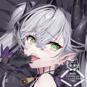 1girl bell black_hands colored_extremities cowbell demon_girl demon_horns ear_piercing fate/grand_order fate_(series) gabiran green_eyes grey_hair hair_around_horn hair_between_eyes horns lilith_(fate) long_hair piercing pointy_ears portrait smile solo twintails
