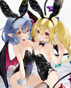 2girls :o alternate_costume animal_ear_hairband animal_ears bat_wings black_bow black_bowtie black_leotard blonde_hair blue_hair bow bowtie breasts commentary crystal_wings detached_collar fake_animal_ears fake_tail fishnet_thighhighs fishnets flandre_scarlet flat_chest hair_between_eyes hairband highres leotard long_hair looking_at_viewer multiple_girls one_side_up playboy_bunny pointy_ears rabbit_ear_hairband rabbit_ears rabbit_tail red_eyes remilia_scarlet short_hair siblings sisters sleeves_past_wrists small_breasts strapless strapless_leotard syukou tail thighhighs touhou very_long_hair wings