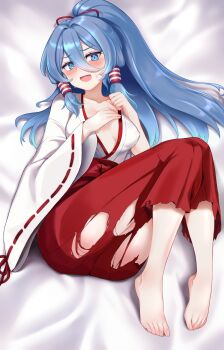 1girl :d ass barefoot beikeice blue_eyes blue_hair blush breasts breasts_apart chinese_commentary commentary_request covered_erect_nipples double-parted_bangs drop-shaped_pupils foul_detective_satori full_body hair_between_eyes hair_ribbon hair_tubes hakama hand_on_own_chest highres japanese_clothes knees_together_feet_apart knees_up kosode light_blush long_hair long_sleeves looking_at_viewer lying medium_breasts miko miyadeguchi_mizuchi miyadeguchi_mizuchi_(human) no_bra on_back on_bed open_mouth ponytail ponytail_holder red_hakama red_ribbon ribbon ribbon_trim skirt smile solo sweat symbol-shaped_pupils thick_thighs thighs torn_clothes touhou variant_set white_kosode wide_sleeves