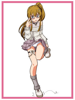 Rule 34 | 1girl, adjusting clothes, adjusting shoe, arm at side, bare shoulders, blue eyes, blush, border, bow, bow panties, braid, brown hair, choppy bangs, commentary request, crotch seam, embarrassed, full body, glasses, grey leg warmers, grey skirt, hair ornament, hand up, heart, heart hair ornament, idolmaster, idolmaster million live!, kousaka umi, layered skirt, leg up, leg warmers, lielos, long hair, looking at viewer, miniskirt, off-shoulder sweater, off shoulder, open mouth, panties, pantyshot, pink border, raised inner eyebrows, rectangular eyewear, red-framed eyewear, shirt, shoes, side ponytail, side ponytail with braided base, simple background, skirt, sleeveless, sleeveless shirt, small sweatdrop, solo, standing, standing on one leg, sweater, thigh bow, thigh strap, underwear, white background, white bow, white panties, white sweater