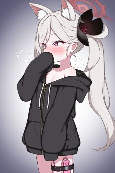 1girl absurdres alternate_costume animal_ear_fluff animal_ears blue_archive blush cat_ears collarbone covering_own_mouth cowboy_shot flower gradient_background grey_background grey_hair hair_flower hair_ornament halo hand_up highres hood hood_down hooded_jacket jacket kemonomimi_mode loli long_hair long_sleeves mutsuki_(blue_archive) naked_jacket pointy_ears purple_eyes red_halo remote_control_vibrator sex_toy side_ponytail simple_background sleeves_past_fingers sleeves_past_wrists solo thigh_strap vibrator vibrator_cord vibrator_in_thigh_strap zing_(z_z_zing)