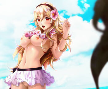 1girl absurdres arm_up bangle beach bikini black_bikini black_trim blonde_hair blush bracelet breasts cloud female_corrin_(fire_emblem) female_corrin_(novice_vacationer)_(fire_emblem) embarrassed esther_shen fingernails fire_emblem fire_emblem_fates fire_emblem_heroes flower flower_necklace functionally_nude hair_between_eyes hair_flower hair_ornament hairband highres jewelry long_hair looking_at_viewer medium_breasts nail_polish navel necklace nintendo nipples no_panties parted_bangs parted_lips pink_nails pussy red_eyes ribbon ribbon-trimmed_skirt ribbon_trim shiny_skin skirt solo solo_focus sun swimsuit swimsuit_skirt topless_female upskirt water wavy_hair white_skirt wide_hips