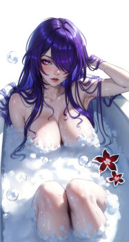 1girl acheron_(honkai:_star_rail) bathing bathtub blush breasts bubble collarbone commentary convenient_censoring flower hair_flowing_over hair_over_one_eye hand_up highres honkai:_star_rail honkai_(series) knees_up large_breasts long_hair looking_at_viewer parted_lips purple_eyes purple_hair red_flower simple_background soap_bubbles soap_censor solo very_long_hair wet white_background wo_jiushi_kanbudong