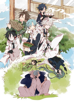 Rule 34 | 6+boys, ahoge, aqua hair, basket, black gloves, black hair, black headwear, black hoodie, black necktie, black shirt, blue jacket, blue sky, blue sleeves, brown hair, chain, character request, check character, closed eyes, closed mouth, cloud, clover, coat, collared jacket, collared shirt, cowboy shot, crossed arms, cup, day, eyepatch, fingernails, forest, from side, frown, full body, gloves, gold chain, green hair, green jacket, green sleeves, grey hood, grey hoodie, grey jacket, grey shirt, h kawa, hair over one eye, hand on own head, high collar, holding, holding basket, holding clover, holding cup, holding notebook, holding tray, hood, hood down, hooded robe, hoodie, ichigo hitofuri, interlocked fingers, ishikirimaru, jacket, jacket on shoulders, japanese clothes, kimono, lab coat, layered sleeves, leaf, light smile, long hair, long sleeves, male focus, medium hair, messy hair, military uniform, mountain, mug, multiple boys, multiple views, nature, necktie, night, nikkari aoe, notebook, one-eyed, one eye closed, one side up, open clothes, open coat, open mouth, otegine, own hands together, pants, pom pom (clothes), robe, shirt, shokudaikiri mitsutada, short hair, sky, smile, star (sky), starry sky, steam, striped sleeves, tea leaves, teacup, touken ranbu, tray, tree, tsurumaru kuninaga, two-tone hoodie, upside-down, veranda, wavy eyebrows, white coat, white hair, white hood, white kimono, white pants, white robe, white sleeves, wide sleeves, wooden floor, yagen toushirou, zipper