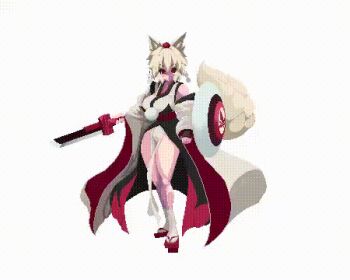 1girl animal_ears animated animated_gif detached_sleeves falling_leaves floating_clothes full_body geta hair_between_eyes hat holding holding_shield holding_sword holding_weapon inubashiri_momiji kourindou_tengu_costume leaf looking_to_the_side lowres maple_leaf mmmmatimmmmati pixel_art pom_pom_(clothes) red_eyes red_footwear red_hat shield simple_background solo sword tail tengu-geta tokin_hat touhou walking weapon white_background white_hair white_legwear wide_sleeves wolf_ears wolf_tail