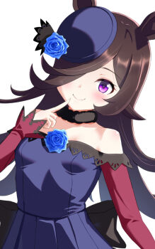 1girl animal_ears bare_shoulders blue_flower blue_hat blue_rose blush breasts brown_hair closed_mouth commentary_request dress flipped_hair flower fur_choker hair_over_one_eye hat hat_flower highres horse_ears horse_girl horse_tail kurage-jellyfish long_hair long_sleeves looking_at_viewer off-shoulder_dress off_shoulder purple_eyes rice_shower_(rosy_dreams)_(umamusume) rice_shower_(umamusume) rose small_breasts smile solo tail tilted_headwear umamusume