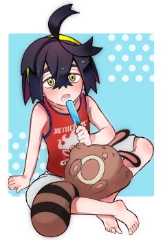 1boy barefoot black_hair blush closed_eyes commentary_request crossed_bangs food gen_2_pokemon grey_shorts hair_between_eyes hairband highres holding kieran_(pokemon) looking_at_viewer male_focus nintendo on_lap open_mouth pokemon pokemon_(creature) pokemon_on_lap pokemon_sv popsicle purple_hair red_tank_top saliva sentret shorts simple_background sitting sweat tank_top totomaru_(pkmn) yellow_eyes yellow_hairband