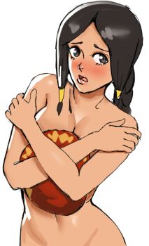 1girl aisha_(monster_hunter) blush braid braided_ponytail breasts brown_eyes brown_hair cleavage covering_breasts covering_privates dark-skinned_female dark_skin embarrassed guild_sweetheart hat looking_at_viewer monster_hunter_(series) monster_hunter_3 nude simple_background solo sunbeam_(artist)