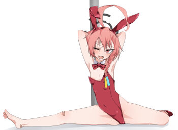 1girl ;o absurdres ahoge animal_ear_hairband animal_ears armpits arms_behind_back arms_up bandaid bandaid_on_foot bandaid_on_knee bandaid_on_leg bare_arms bare_legs blue_archive blush bow bowtie braid breasts commentary_request covered_navel detached_collar fake_animal_ears fang hairband halo highleg highleg_leotard highres huge_ahoge leotard looking_at_viewer mole mole_under_each_eye mole_under_eye multiple_moles neru_(blue_archive) neru_(bunny)_(blue_archive) official_alternate_costume one_eye_closed oversized_breast_cup partial_commentary pink_hair playboy_bunny pole rabbit_ear_hairband rabbit_ears red_bow red_bowtie red_leotard red_shoes shoes short_hair simple_background single_braid single_shoe small_breasts solo strapless strapless_leotard sugidoritos toes white_background