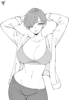 1girl arm_behind_head arms_up artist_name bra breasts cleavage collarbone cowboy_shot earrings greyscale highres huge_breasts jacket jewelry leggings monochrome narrow_waist narrowed_eyes navel norman_maggot olive_laurentia open_clothes open_jacket original parted_lips pixie_cut short_hair simple_background smile solo sports_bra stomach underwear