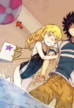 1boy 1girl aged_down arms_up arrow_(symbol) bag ball bare_arms bare_shoulders beachball black_hair black_one-piece_swimsuit blonde_hair bright_pupils brown_shorts colorized commentary competition_swimsuit covered_navel feet_out_of_frame flashback gazing_eye haimura_kiyotaka handbag height_difference highres holding_another's_arm hug indoors kamijou_touma long_hair matching_hair/eyes no_eyes novel_illustration official_art one-piece_swimsuit orange_eyes scared school_swimsuit shokuhou_misaki short_hair short_sleeves shorts sparkle sparkling_eyes spiked_hair spoilers standing standing_on_one_leg star_(symbol) swimsuit symbol-shaped_pupils teeth thighs toaru_majutsu_no_index toaru_majutsu_no_index:_new_testament tokiwadai_school_swimsuit water yellow_pupils