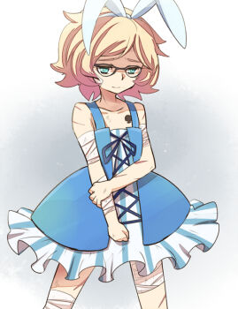10s animal_ears bandages blonde_hair bow cowboy_shot crossdressing fake_animal_ears gatchaman gatchaman_crowds glasses mzk ninomiya_rui rabbit_ears scar trap wig