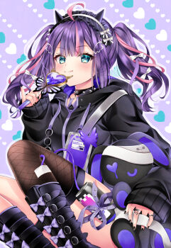 Rule 34 | 1girl, :q, ahoge, bandaged head, bandages, black jacket, black nails, blue eyes, blush, boots, bow, brown thighhighs, closed mouth, commission, fishnet thighhighs, fishnets, hair bow, heart, heart-shaped eyes, holding, holding wand, hood, hood down, hooded jacket, jacket, jewelry, long sleeves, multicolored hair, nail polish, nogi takayoshi, original, outline, pink hair, puffy long sleeves, puffy sleeves, purple background, purple hair, ring, single thighhigh, skeb commission, sleeves past wrists, smile, solo, streaked hair, stuffed animal, stuffed rabbit, stuffed toy, thighhighs, thighhighs under boots, tongue, tongue out, twintails, wand, white bow, white outline