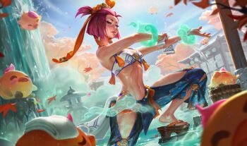 1girl abs absurdres architecture autumn_leaves bandeau bare_shoulders bikini bird black_pants blue_eyes blush braid breasts bucket clothing_cutout duck east_asian_architecture hair_ornament highleg highleg_bikini highres hikimayu hip_vent leaf league_of_legends looking_at_viewer midriff navel official_art outdoors pants pink_hair platform_clogs platform_sandals sandals shiny_skin short_eyebrows short_hair side_cutout solo spirit_blossom_springs_yunara squatting stomach strapless swimsuit tassel tassel_hair_ornament thick_eyebrows third-party_source tree wash_cloth water waterfall wet white_bandeau yunara_(league_of_legends)