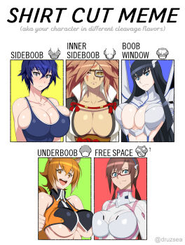 5girls absurdres animal_ears aqua_eyes armor baiken black_hair blazblue blue_background blue_hair bodysuit breast_press breasts breast_focus brown_hair cleavage cleavage_cutout clothing_cutout crossover druzsea embarrassed eyepatch facial_mark glasses green_background grey_eyes guilty_gear highres huge_breasts impossible_clothes ippo junketsu kill_la_kill kiryuuin_satsuki large_breasts long_hair makinami_mari_illustrious makoto_nanaya mecha_pilot_suit meme multiple_drawing_challenge multiple_girls neon_genesis_evangelion no_bra open_mouth orange_eyes orange_hair persona persona_4 plugsuit_(evangelion) red_background red_hair revealing_clothes scar scar_on_face serious shirogane_naoto shirt shirt_cut_meme short_hair sideboob skin_tight smile tail underboob yellow_background